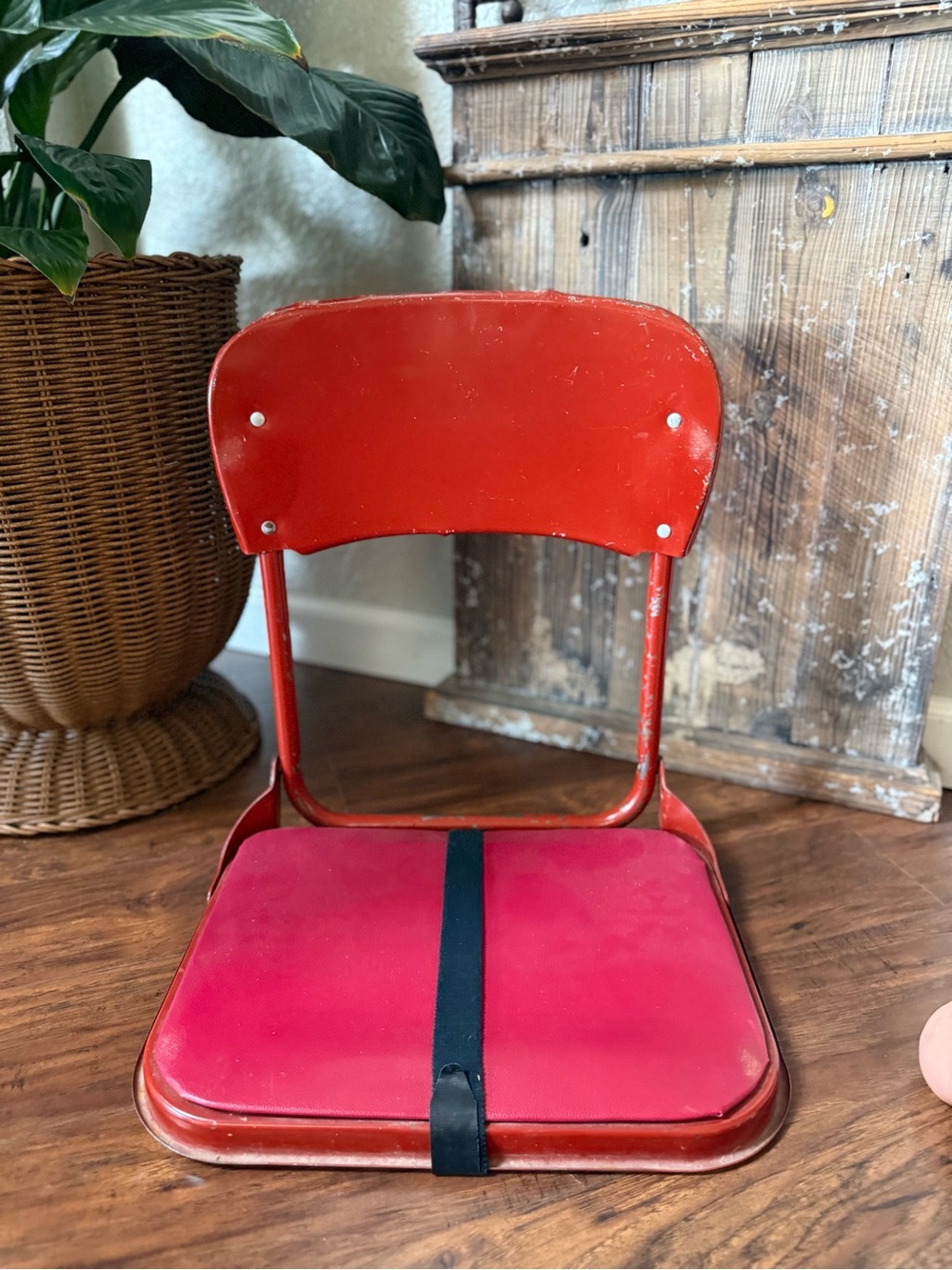 Vintage Red Folding Stadium Bleacher Seat Metal Frame With Vinyl Padded Seat